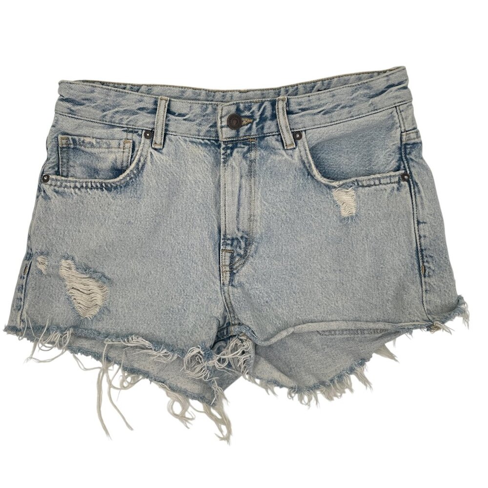 All Saints Women’s Girlfriend Cut Off Distressed Denim Light Jean Shorts Size 26